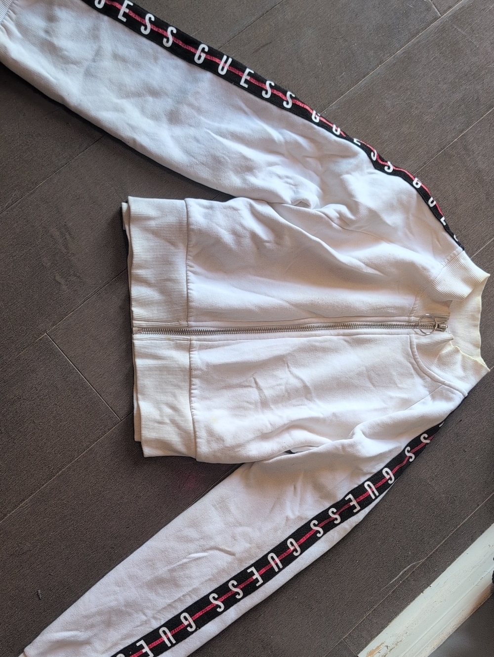 GUESS White Zip-Front Varsity Crop Top with GUESS Logo Down Sleeves